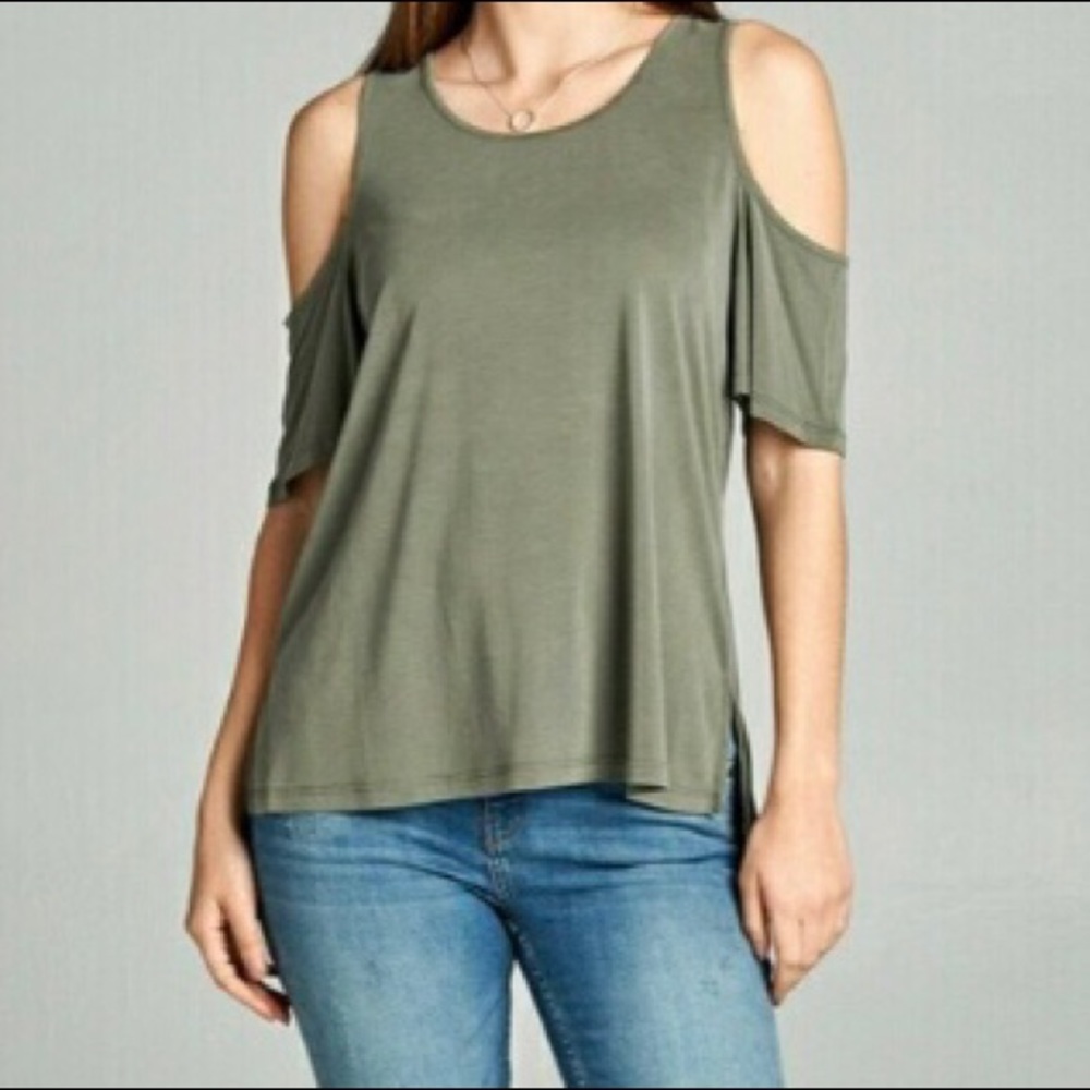 Size Small Olive Green Modal Cold Shoulder Top - Picture 2 of 2